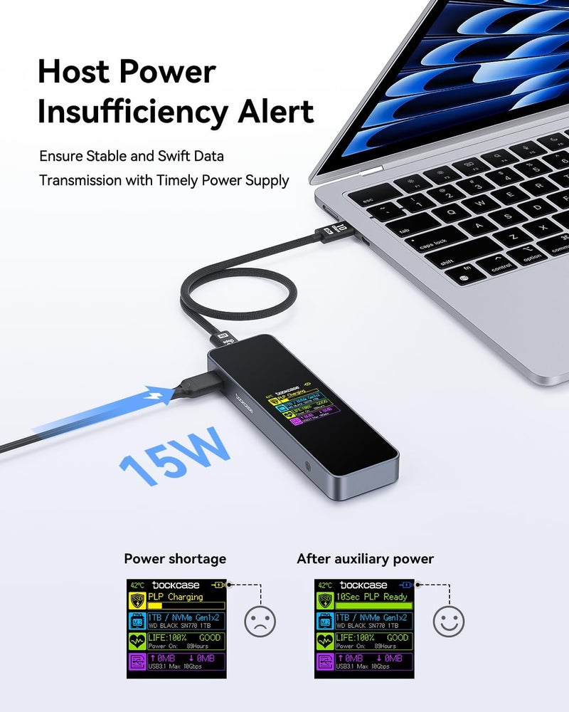 DOCKCASE Visual Smart M.2 NVMe SSD Enclosure,Support 10s PLP Prevents Write Data Loss,USB 3.2 Gen 2 Type-C (10 Gbps),fits NVMe PCIe Size 2230/2242/2260/2280,Support M-Key B+M Key UASP - Image 4